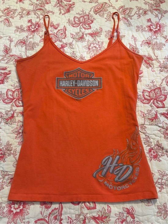 Harley-Davidson Tops - Y2K 2000s Adorable Harley-Davidson Orange Logo Spaghetti-Strap Camisole